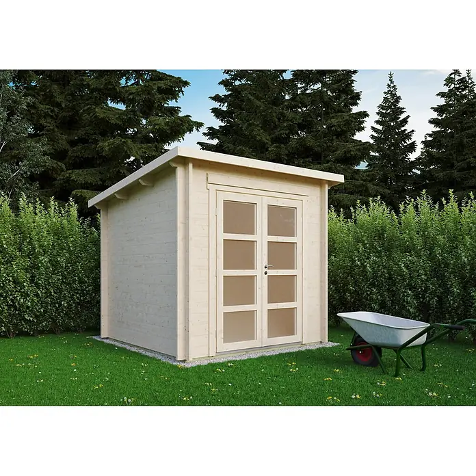 Fjordholz Gartenhaus Max 44 A Moderne-Tür (Klarglas) Farblose Imprägnierung - Außenmaß inkl. Dachüberstand (B x T): 240 x 240 cm, Holz, Naturbelassen - Ein helles Holzgartenhaus mit Doppeltüren und einer Schubkarre.