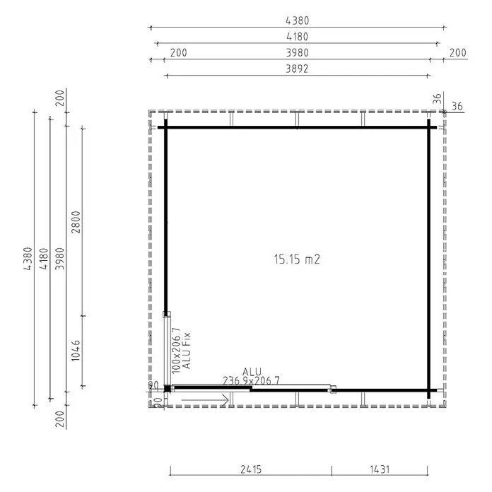 Fjordholz Gartenhaus - Außenmaß inkl. Dachüberstand (B x T): 418 x 418 cm, Holz, Grau Imprägnierung - Rechteckiger Grundriss mit einer Innenfläche von 15,15 m². Er zeigt Gesamtabmessungen und spezifische Tür-/Fensterplatzierungen.