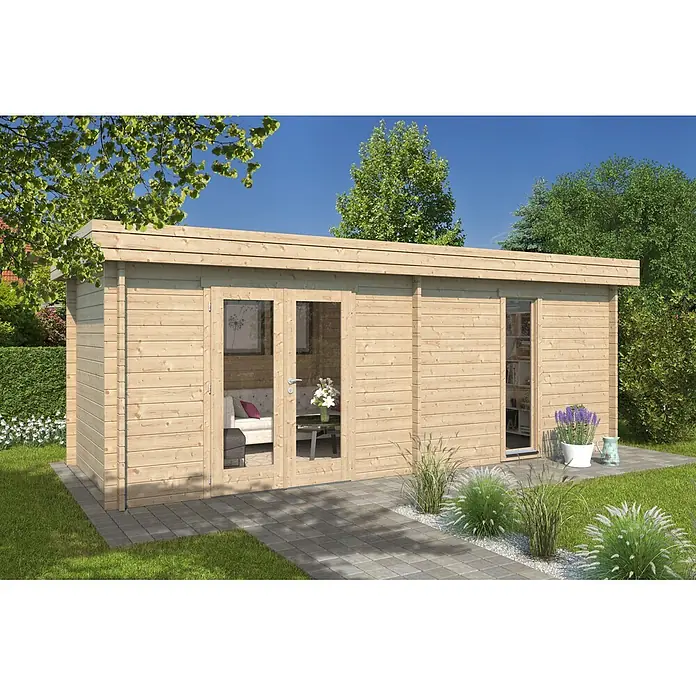 Fjordholz Gartenhaus Domeo 44 Farbbehandlung Lichtgrau - Außenmaß inkl. Dachüberstand (B x T): 630 x 250 cm, Holz, Naturbelassen - Gartenhaus aus hellem Naturholz mit Flachdach, Doppeltür und Einzeltür.
