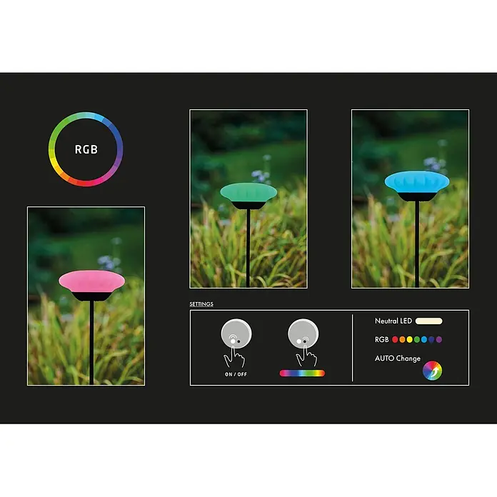 Lumix Solarleuchte Sunny - Lichtfarbe: RGB, Höhe: 100 cm, Sunny - Eine Gartensteckleuchte mit scheibenförmigem, geripptem Kopf, in Rosa, Grün und Blau abgebildet, die ihre RGB-Farbwechselfunktion zeigt.