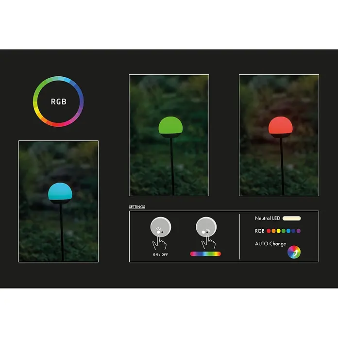 Lumix Solarleuchte Pompom - Lichtfarbe: RGB, Höhe: 100 cm, Pompom - RGB-Gartenleuchte auf einem Spieß, in Grün, Rot und Blau dargestellt, mit Steuerungen für neutrales LED, RGB-Farben und automatischen Farbwechsel.