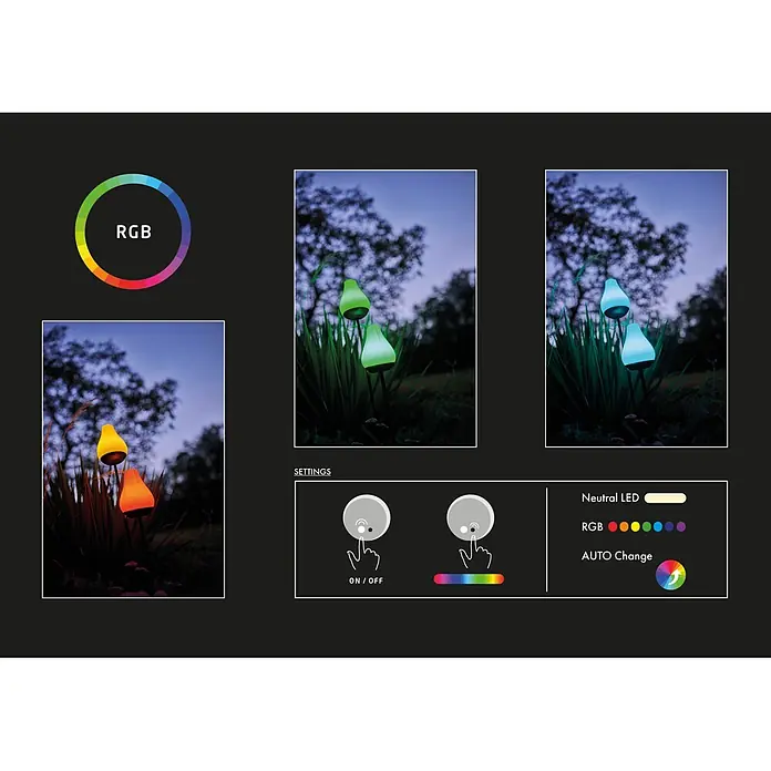 Lumix Solarleuchte Tulip - Lichtfarbe: RGB, Höhe: 100 cm, Tulip - RGB LED Gartenleuchten im Garten bei Dämmerung, zeigen Farboptionen (Grün, Blau, Gelb, Orange) und Steuerungseinstellungen.