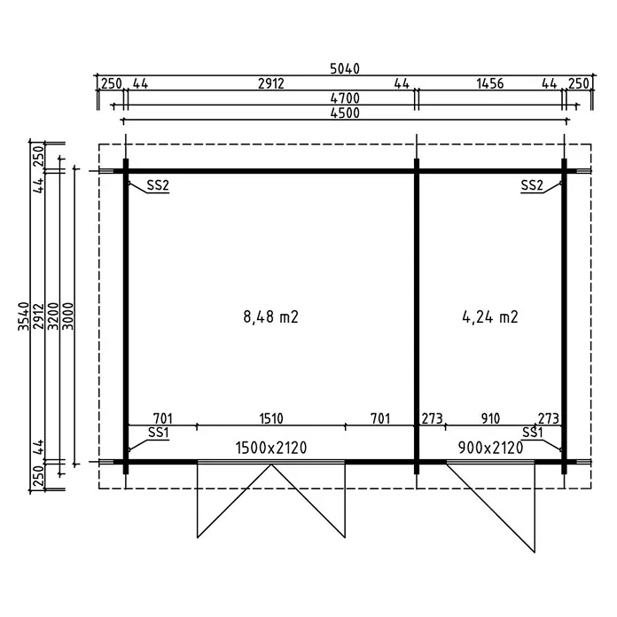Fjordholz Gartenhaus Carin 44 C - Außenmaß inkl. Dachüberstand (B x T): 470 x 320 cm, Holz, Farbbehandlung Schwedenrot - Grundriss mit Maßen für eine zweiräumige Struktur, einschließlich Raumflächen und Türgrößen.