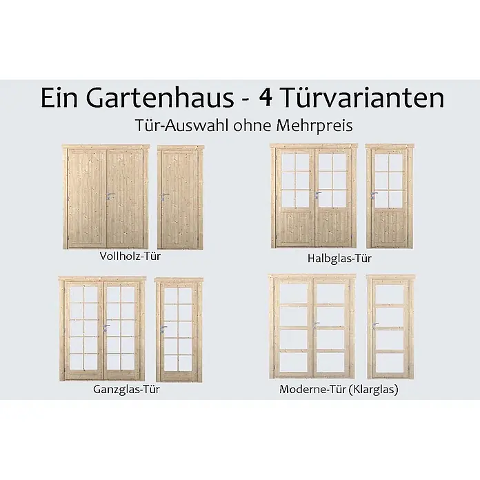 Fjordholz Gartenhaus Carin 44 C - Außenmaß inkl. Dachüberstand (B x T): 470 x 320 cm, Holz, Farbbehandlung Schwedenrot - Vier Varianten von hellen Gartenhaustüren: Vollholz, Halbglas, Ganzglas und moderne Klarglas-Designs.
