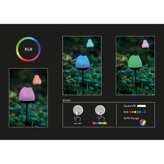 Lumix Solarleuchte Rosy - Lichtfarbe: RGB, Höhe: 100 cm, Rosy - Farbwechselnde Gartenleuchten in einer Gartenumgebung mit verschiedenen Lichtmodi (RGB, Neutral, Auto-Wechsel) und Touch-Bedienelementen.