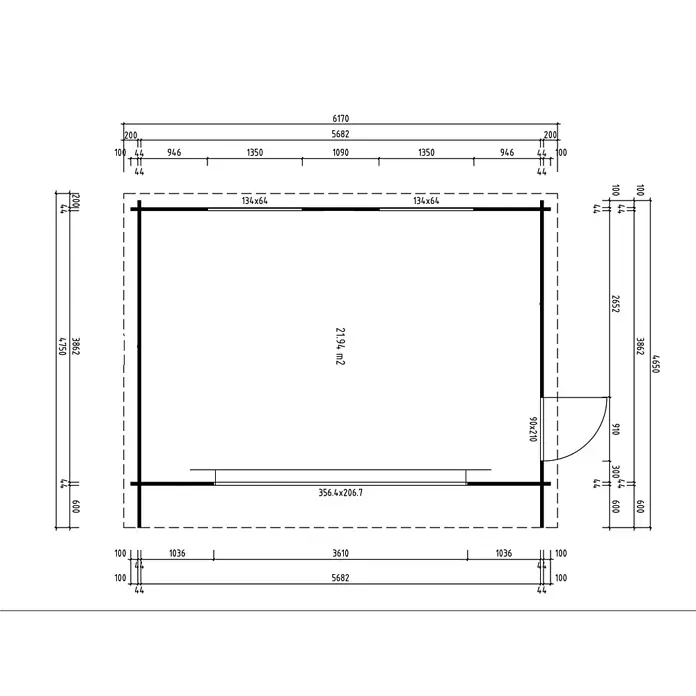 Fjordholz Gartenhaus - Außenmaß inkl. Dachüberstand (B x T): 597 x 465 cm, Holz, Grau Imprägnierung - Technische Zeichnung eines Holzhaus-Grundrisses mit Maßen, Fläche (21,94 m²) und Tür-/Fensteranordnung.