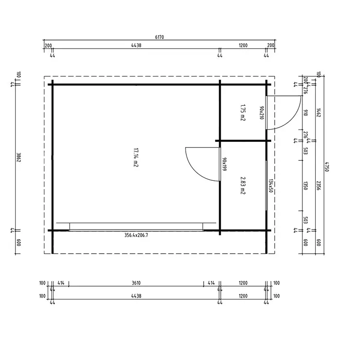 Fjordholz Gartenhaus - Außenmaß inkl. Dachüberstand (B x T): 597 x 465 cm, Holz, Grau Imprägnierung - Technische Zeichnung eines Hüttengrundrisses mit zwei Räumen, Maßen, Flächen sowie Tür- und Fensterplatzierungen.