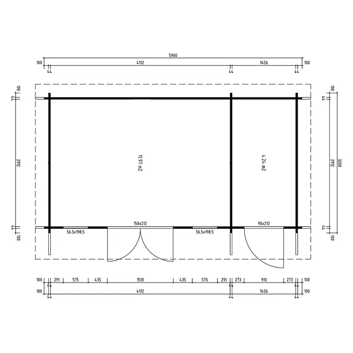 Fjordholz Gartenhaus Jacob 44 B mit Abstellraum - Außenmaß inkl. Dachüberstand (B x T): 570 x 300 cm, Holz, Farblose Imprägnierung - Grundriss eines Gebäudes mit zwei Räumen, zeigt Maße, Türöffnungen und Innenflächen (11,97 m² und 4,24 m²).