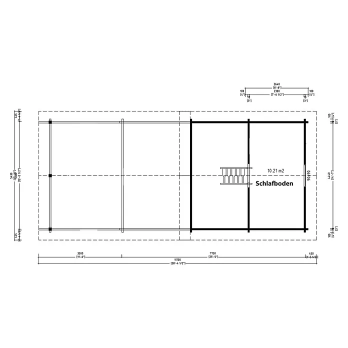 Fjordholz Gartenhaus Lake House 70 A - Außenmaß inkl. Dachüberstand (B x T): 458 x 795 cm, Holz, Naturbelassen - Technische Zeichnung eines Schlaf-Dachbodens, zeigt einen 10,21 m² großen Schlafbereich mit Leiterzugang und Gesamtmaßen.