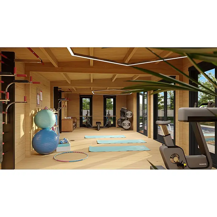 Fjordholz Gartenhaus Game Room 44 - Außenmaß inkl. Dachüberstand (B x T): 1.173 x 434 cm, Holz, ohne Imprägnierung - Gemütlicher Fitnessraum aus Holz mit Trainingsgeräten, Yogamatten und großen Fenstern ins Freie.