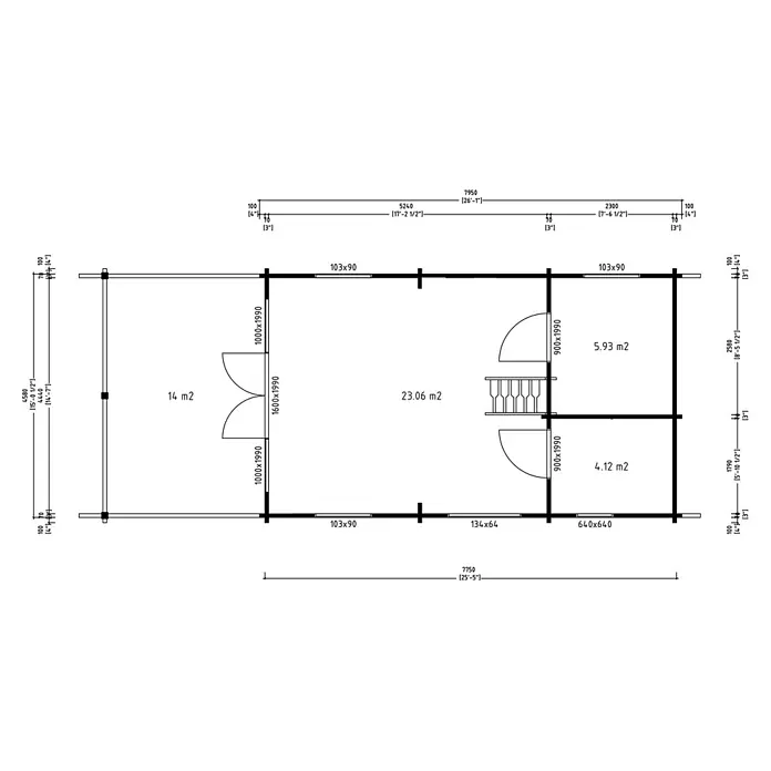 Fjordholz Gartenhaus Lake House 70 A - Außenmaß inkl. Dachüberstand (B x T): 458 x 795 cm, Holz, Naturbelassen - Detaillierter Grundriss mit Raumaufteilung, Maßen in mm und Fuß sowie Flächen in m². Türen und Strukturelemente sind eingezeichnet.