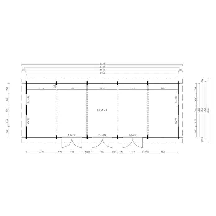 Fjordholz Gartenhaus Game Room 70 - Außenmaß inkl. Dachüberstand (B x T): 1.173 x 434 cm, Holz, ohne Imprägnierung - Detaillierter Grundriss eines mehrräumigen Gebäudes mit Maßen, Innenaufteilung und einer Gesamtfläche von 45,50 m2.