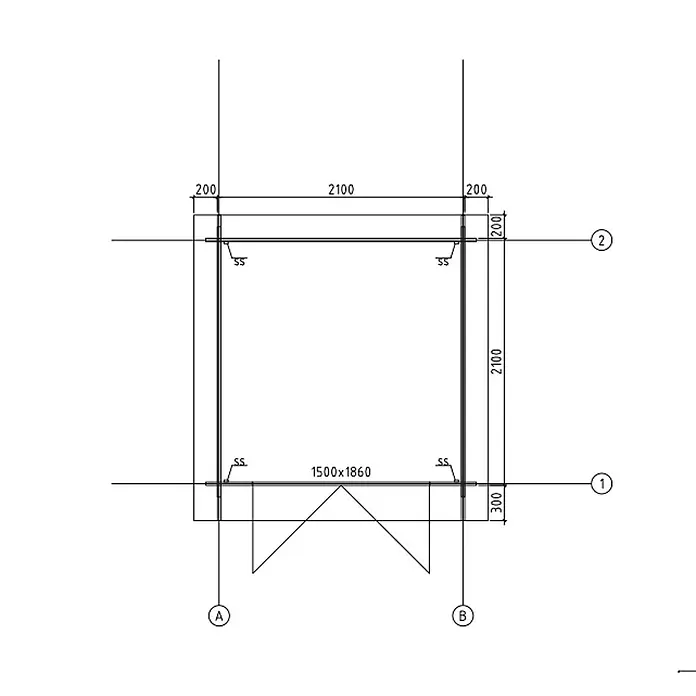 Fjordholz Gartenhaus Bente 28 B - Außenmaß inkl. Dachüberstand (B x T): 230 x 230 cm, Holz, ohne Imprägnierung - Technische Zeichnung eines Grundrisses mit 2100x2100mm Maßen, einer 1500x1860mm Öffnung und Rasterlinien.