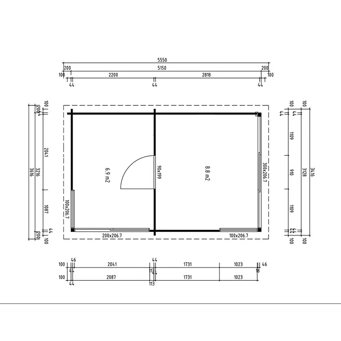 Fjordholz Gartenhaus - Außenmaß inkl. Dachüberstand (B x T): 535 x 341,6 cm, Holz, Grau Imprägnierung - Detaillierter Grundriss mit Gebäudemaßen, zwei Räumen (6,9m2, 8,8m2) sowie Tür- und Fensterangaben.