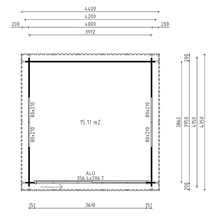 Fjordholz Gartenhaus - Außenmaß inkl. Dachüberstand (B x T): 420 x 415 cm, Holz, ohne Imprägnierung - Grundriss mit Maßen für ein rechteckiges Gebäude, zeigt Türen, Fenster und eine Innenfläche von 15,11 m².