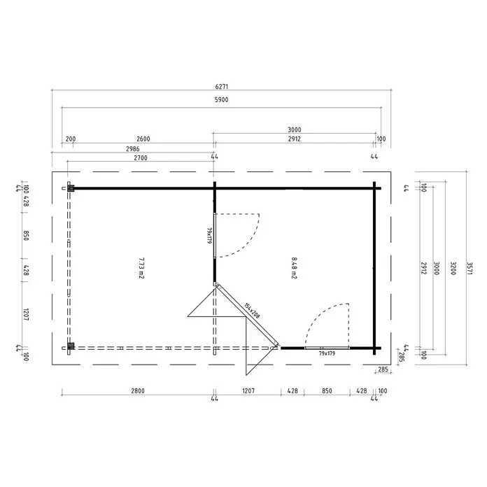 Fjordholz Gartenhaus Lisa 44 D Modern - Außenmaß inkl. Dachüberstand (B x T): 590 x 320 cm, Holz, Naturbelassen - Grundriss einer zweiräumigen Hütte mit Maßen und Flächenangaben.