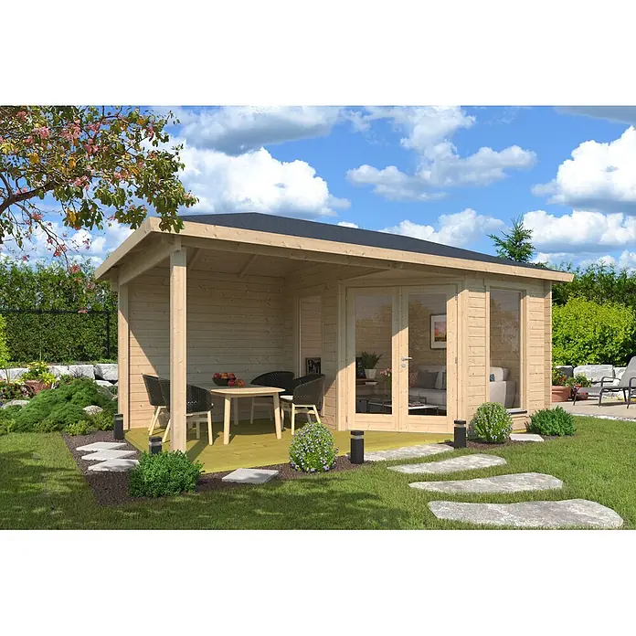 Fjordholz Gartenhaus Lisa 44 D Modern - Außenmaß inkl. Dachüberstand (B x T): 590 x 320 cm, Holz, Naturbelassen - Holz-Gartenhaus mit Veranda in einem grünen Garten.