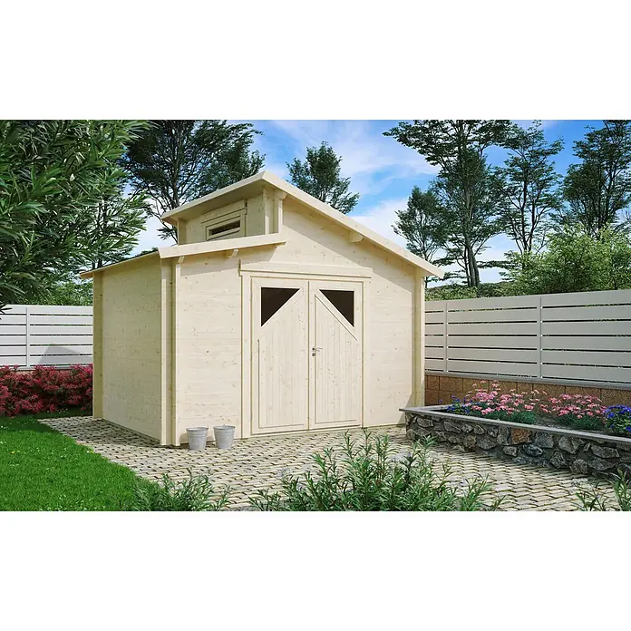 Fjordholz Gartenhaus Varianta 44 C - Außenmaß inkl. Dachüberstand (B x T): 305 x 245 cm, Holz, Naturbelassen - Gartenhaus aus hellem Naturholz mit Satteldach und Doppeltüren, in einem Garten.