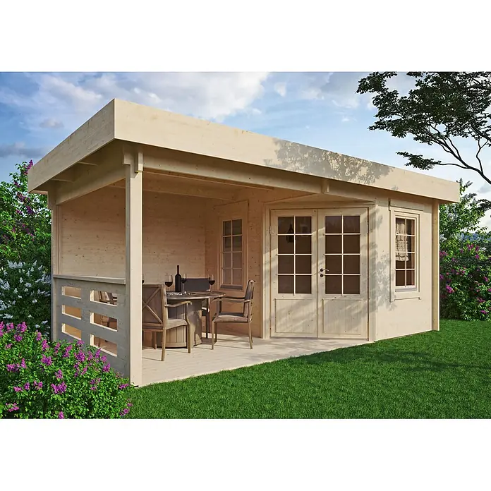 Fjordholz Gartenhaus Nora 44 D Klassik - Außenmaß inkl. Dachüberstand (B x T): 590 x 320 cm, Holz, Naturbelassen - Helle Holzhütte mit überdachter Veranda und Esstisch, ideal für den Garten.