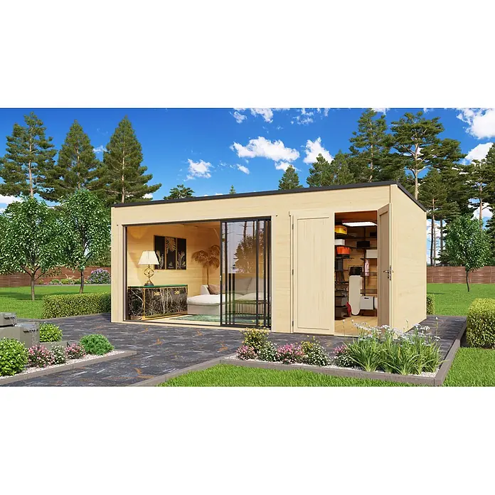 Fjordholz Gartenhaus Q-BIC Alu 44 H 6mm Einfachglas Farbbehandlung Schwedenrot - Außenmaß inkl. Dachüberstand (B x T): 598 x 396,8 cm, Holz, Naturbelassen - Gartenhaus aus hellem Holz mit Wohnbereich (Glasschiebetüren) und separatem Geräteschuppen, auf einer Terrasse im Garten.