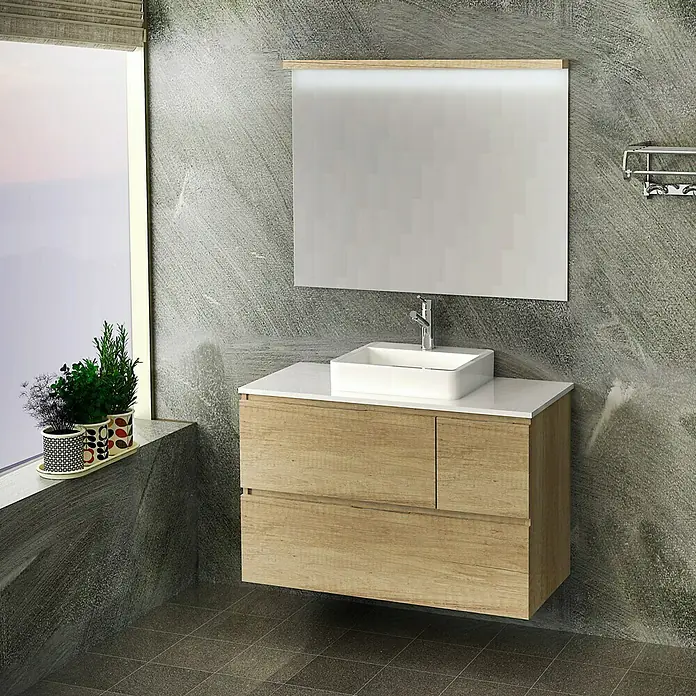 Artysan Mueble bajo de lavabo Tina Paris - An x Pr x Al: 100 x 46 x 64 cm, Nature - Un moderno lavabo de baño con mueble y espejo. El diseño de madera añade calidez y elegancia a la habitación.
