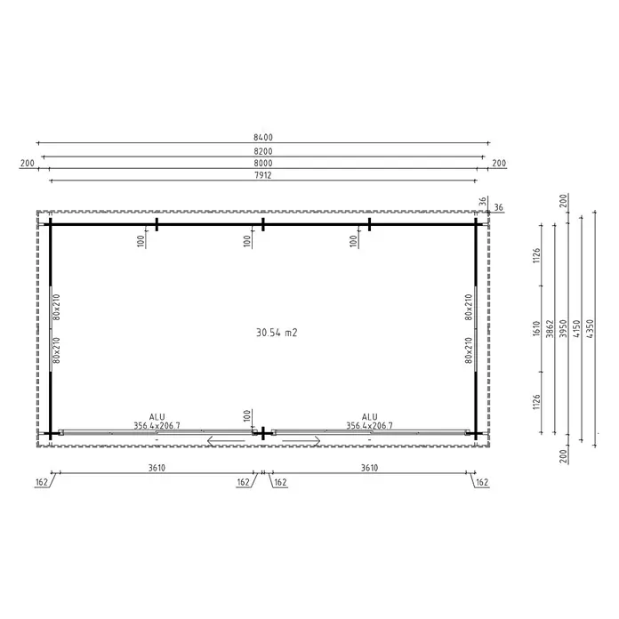 Fjordholz Gartenhaus - Außenmaß inkl. Dachüberstand (B x T): 820 x 415 cm, Holz, Naturbelassen - Technisches Zeichnungs-Grundriss eines Rechteckgebäudes mit Maßen, Tür-/Fensteröffnungen (80x210), ALU-Teilen und einer Fläche von 30.54 m².