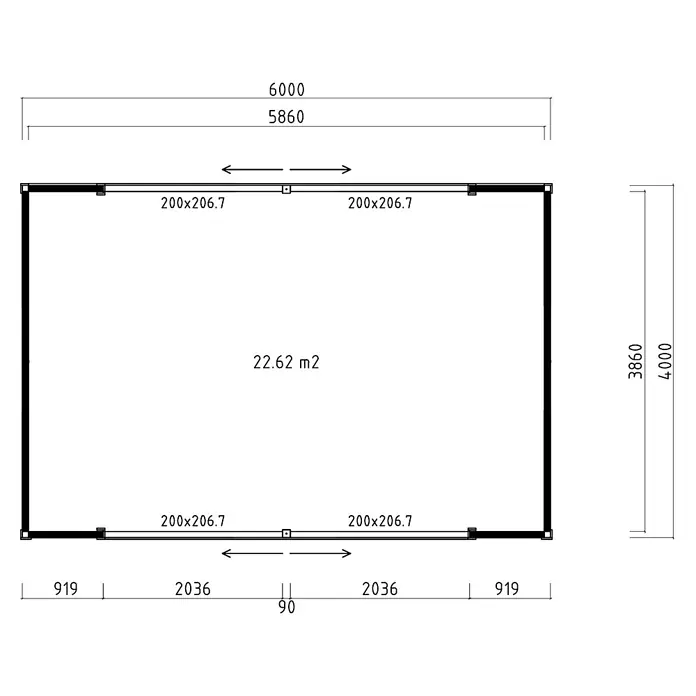 Fjordholz Gartenhaus Ramsay 70 A - Außenmaß inkl. Dachüberstand (B x T): 600 x 400 cm, Holz, Grau Imprägnierung - Grundriss eines rechteckigen Raumes mit Außenmaßen 6000x4000 und einer Fläche von 22,62 m².