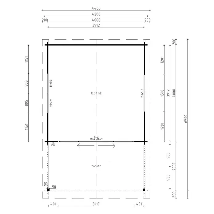 Fjordholz Gartenhaus - Außenmaß inkl. Dachüberstand (B x T): 420 x 620 cm, Holz, Grau Imprägnierung - Technischer Plan eines Gartenhauses mit Maßen und Flächen für Hauptraum (15.30 m²) und überdachten Anbau (7.65 m²).