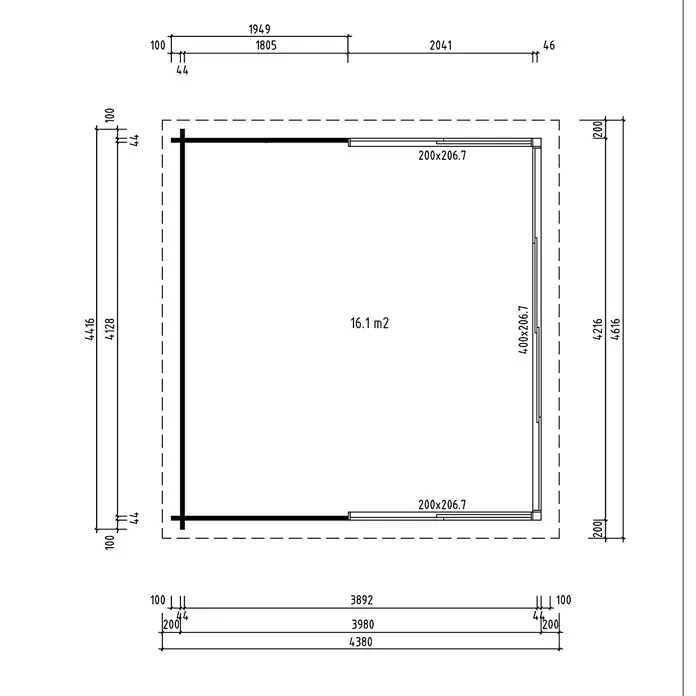 Fjordholz Gartenhaus - Außenmaß inkl. Dachüberstand (B x T): 418 x 441,6 cm, Holz, Grau Imprägnierung - Grundriss einer rechteckigen Hütte/Gartenhauses mit detaillierten Maßen und einer Innenfläche von 16,1 m2.