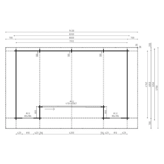 Fjordholz Gartenhaus - Außenmaß inkl. Dachüberstand (B x T): 820 x 505 cm, Holz, Farbbehandlung Carbongrau - Detaillierte technische Zeichnung eines Gebäude-Grundrisses mit Maßen. Zeigt Aluminium-Konstruktionsbalken (ALU 80x186) und Gesamtmaße.
