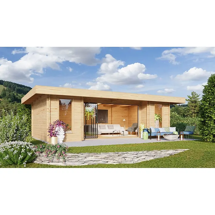 Fjordholz Gartenhaus - Außenmaß inkl. Dachüberstand (B x T): 820 x 505 cm, Holz, Farbbehandlung Carbongrau - Modernes Gartenhaus aus hellem Holz mit breiten Glastüren, das einen Innenbereich und einen Entspannungsbereich im Freien bietet.