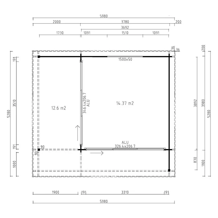 Fjordholz Gartenhaus - Außenmaß inkl. Dachüberstand (B x T): 578 x 508 cm, Holz, Grau Imprägnierung - Detaillierter Grundriss einer modularen Zweizimmerstruktur mit Maßen und Aluminiumelementen.