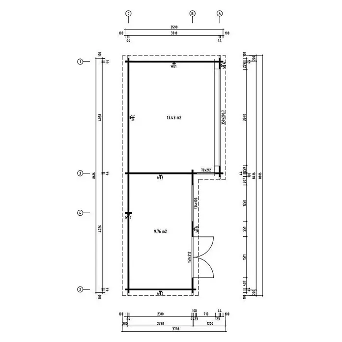 Fjordholz Gartenhaus - Außenmaß inkl. Dachüberstand (B x T): 861,6 x 359,8 cm, Holz, Grau Imprägnierung - Technischer Plan eines Grundrisses mit Raummaßen und Flächenberechnungen.