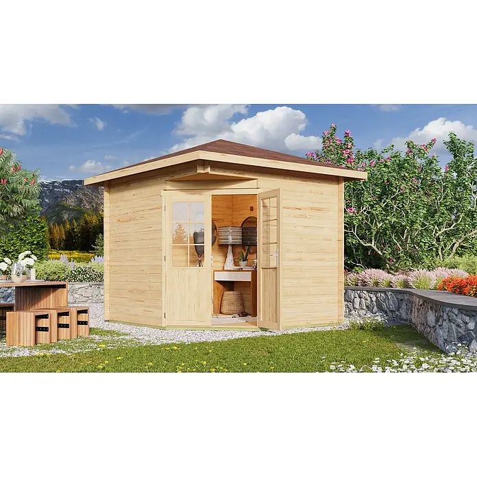Fjordholz Gartenhaus Nelly 44 B Grau Imprägnierung - Außenmaß inkl. Dachüberstand (B x T): 298 x 298 cm, Holz, Naturbelassen - Achteckiges Gartenhaus aus hellem Holz mit braunem Dach und geöffneten Doppeltüren, das einen kleinen Innenraum mit Waschbecken in einem Garten zeigt.