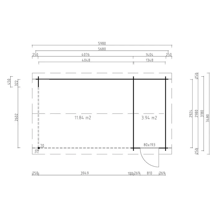 Fjordholz Gartenhaus Kilian 28 C - Außenmaß inkl. Dachüberstand (B x T): 568 x 318 cm, Holz, ohne Imprägnierung - Grundriss eines kleinen Gebäudes mit zwei Räumen, Maßen, Flächen (11,84 m², 3,94 m²) und einer Tür.