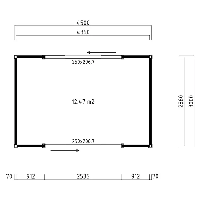 Fjordholz Gartenhaus Ramsay 70 B - Außenmaß inkl. Dachüberstand (B x T): 450 x 300 cm, Holz, Grau Imprägnierung - Grundriss eines rechteckigen Gebäudes mit Außenmaßen (4500x3000), 12.47 m² Fläche und zwei 250x206.7 Öffnungen.