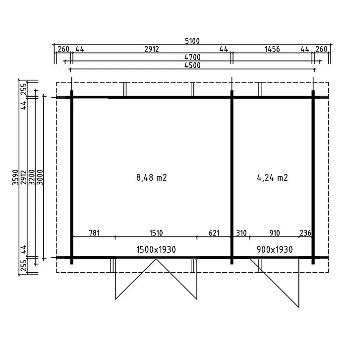 Fjordholz Gartenhaus Brita 44 Moderne-Tür (Klarglas) Farbbehandlung Carbongrau - Außenmaß inkl. Dachüberstand (B x T): 470 x 320 cm, Holz, Naturbelassen - Grundrisszeichnung eines kleinen Gebäudes mit zwei Räumen (8,48 m², 4,24 m²), Gesamtabmessungen und Türmaßen.