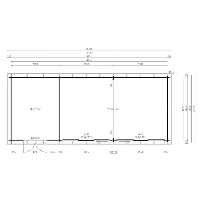 Fjordholz Gartenhaus - Außenmaß inkl. Dachüberstand (B x T): 1.013,4 x 399,8 cm, Holz, Naturbelassen - Architektonischer Grundriss eines zweiräumigen Gebäudes mit Maßen, Türdetails und Raumflächen von 11,72 m2 und 26,60 m2.