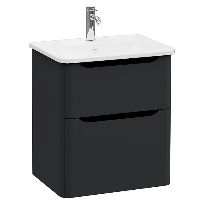 VitrA Integra Round Badmöbel-Set - Gesamtbreite Badmöbel: 60 cm, Graphit, Matt - Dunkelgrauer Bad-Waschtischunterschrank mit weißem Keramikwaschbecken und Chromarmatur, mit zwei integrierten Schubladen.