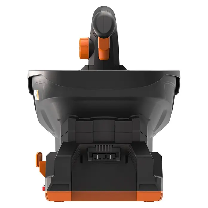 Worx PowerShare 20V Akku-Handstreuer WG869E.9 - 20 V, Ohne Akku - Dunkelgraues und orangefarbenes Elektrowerkzeug, von oben gesehen, mit Griff, orangefarbenem Knopf und Akkuanschluss.