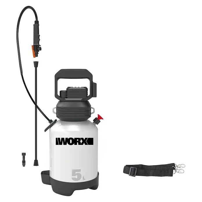 Worx PowerShare 20V Akku-Sprühgerät WG829E.9 - 20 V, Ohne Akku, 5 l - Weißer und schwarzer WORX 5L Gartendrucksprüher mit Schlauch, Düse und Schultergurt.