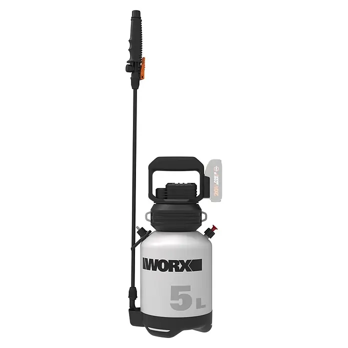 Worx PowerShare 20V Akku-Sprühgerät WG829E.9 - 20 V, Ohne Akku, 5 l - Weißer und schwarzer WORX 5L Drucksprüher mit langem Sprühstab und orangefarbenem Abzug.