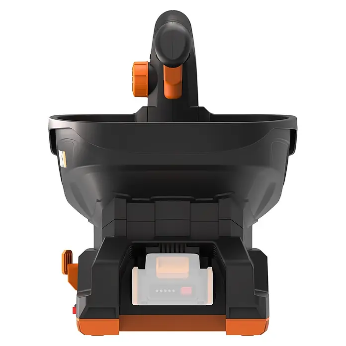 Worx PowerShare 20V Akku-Handstreuer WG869E.9 - 20 V, Ohne Akku - Schwarz-orangefarbener Akku-Streuwagen, Vorderansicht.