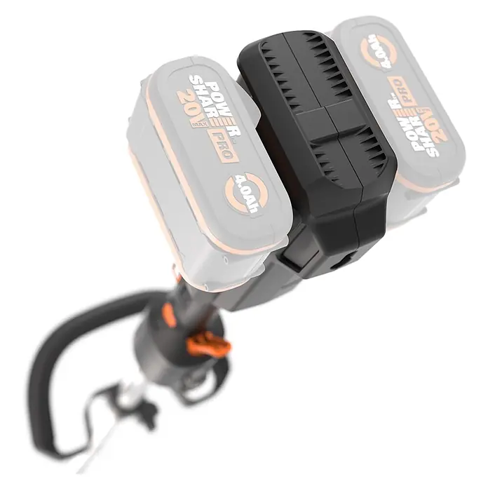 Worx PowerShare 20V Akku-Rasentrimmer WG185E.9 - 40 V, Ohne Akku, Schnittbreite Faden: 38 cm - Schwarz-oranger Akku-Rasentrimmer mit einer befestigten Batterie und zwei Ersatzakkus.