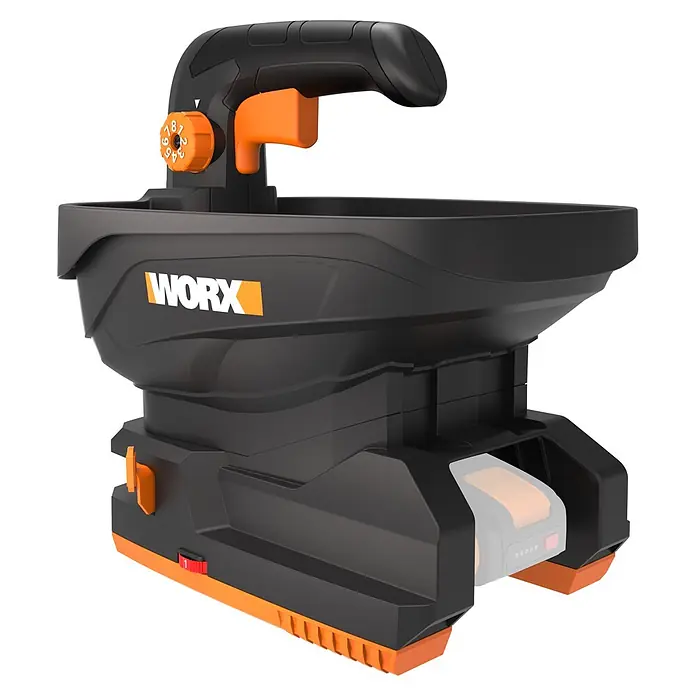 Worx PowerShare 20V Akku-Handstreuer WG869E.9 - 20 V, Ohne Akku - WORX Handstreuer in Schwarz-Orange mit Einstellrad, ideal für Saatgut oder Dünger.