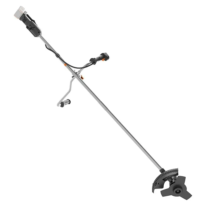 Worx PowerShare 20V Akku-Motorsense WG082E.9 - Ohne Akku, Schnittbreite Faden: 30 cm, Schnittbreite Messer: 25,5 cm - Akku-Motorsense mit grauem Schaft, schwarzem Griff und einem schwarzen Mehrblattkopf.