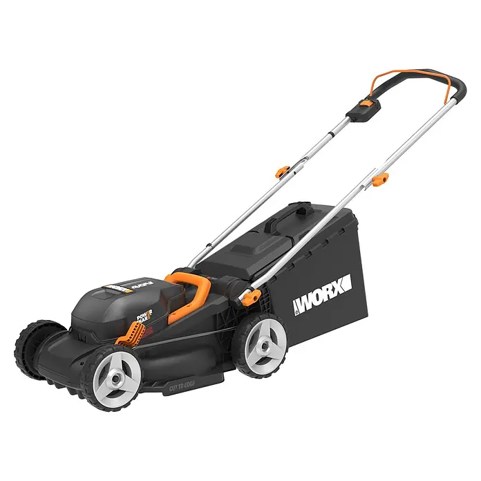 Worx PowerShare 20V Akku-Rasenmäher WG735E - 40 V, 4 Ah, Schnittbreite: 34 cm - Kabelloser WORX Elektromäher in Schwarz-Orange mit Fangkorb und verstellbarem Griff.