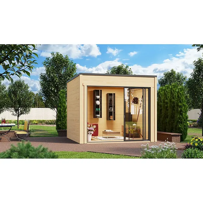 Fjordholz Gartenhaus Q-BIC Alu 44 G 6mm Einfachglas ohne Imprägnierung - Außenmaß inkl. Dachüberstand (B x T): 300 x 300 cm, Holz, Naturbelassen - Modernes Gartenhaus aus hellem Holz mit schwarzer Glasschiebetür, in einem üppigen Garten mit Terrasse.