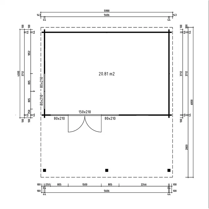 Fjordholz Gartenhaus Kaarlo 44 Grau Imprägnierung - Außenmaß inkl. Dachüberstand (B x T): 598 x 680 cm, Holz, Naturbelassen - Grundriss mit Gebäudemaßen, einer Fläche von 20,81 m² und Tür-/Fensterpositionen.
