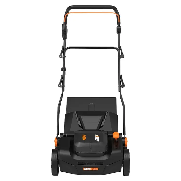 Worx PowerShare 20V Akku-Vertikutierer WG855E.9 - Anzahl Akkus: Ohne Akku, 20 V, Arbeitsbreite: 36 cm - Schwarz-oranger Akku-Rasenmäher mit verstellbarem Griff und 40V Leistung.